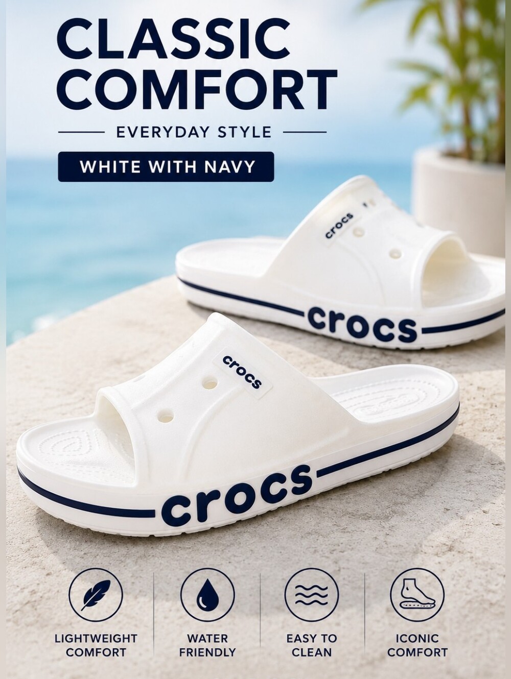 Crocs White Navy Slide Sandals Classic Comfort Slides Unisex Size 8 NWT